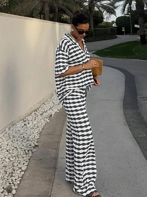 ARDOR S Women's Blue White Wave Stripe Sweater Set V-Neck Top + Slim Pants, Spring/Summer 2025 Casual Outfit - Image 6