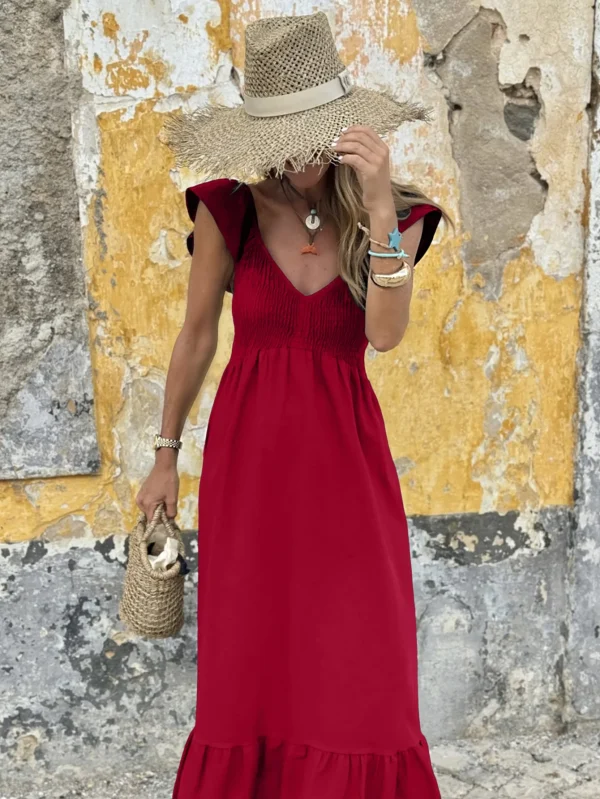 Women's Summer Holiday Dress - Red Casual Vacation Wrap Dress, Solid Color, Comfortable Strapless Plunge Neck Elegant Long Dress - Image 3