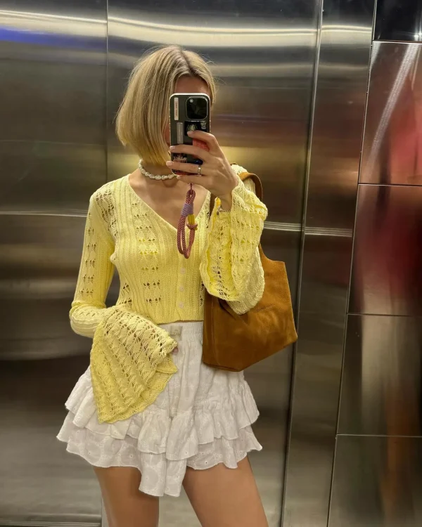 Women's Fashion Sexy V-Neck Trendy Versatile Solid Color Knitted Lace Semi-See-Through Long Sleeve Daily Knit Top Cardigan - Image 5
