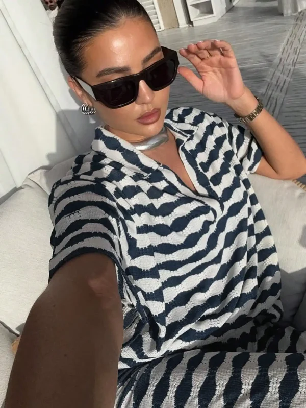 Women's Blue White Wave Stripe Knit Sweater Set- V-Neck Top with Slim Pants, Casual Spring Summer Outfit 2025 - Image 4