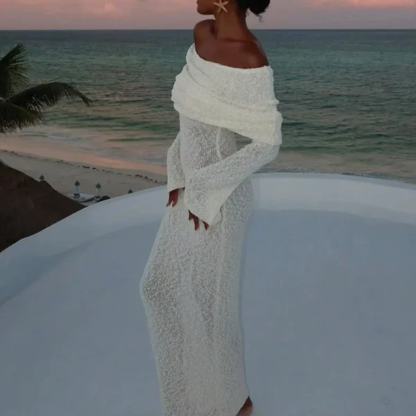 Vintage Summer Casual Beach Holiday Dresses Sexy Strapless Crocheted Floor-Length Breathable Woven Solid Pattern for Spring