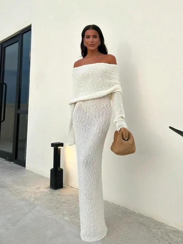 Vintage Summer Casual Beach Holiday Dresses Sexy Strapless Crocheted Floor-Length Breathable Woven Solid Pattern for Spring - Image 4