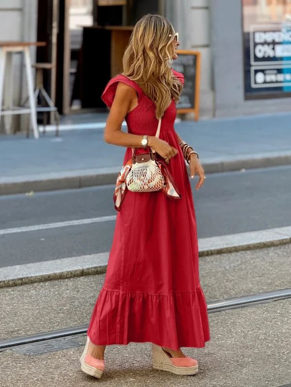 Women's Summer Holiday Dress - Red Casual Vacation Wrap Dress, Solid Color, Comfortable Strapless Plunge Neck Elegant Long Dress - Image 4