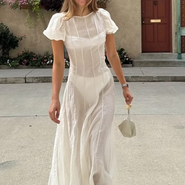 Women's Boho Sheer White Maxi Dress  Puff Sleeve Summer Holiday Outfit | Lightweight Beach Cover-Up for Vacation Resort Looks
