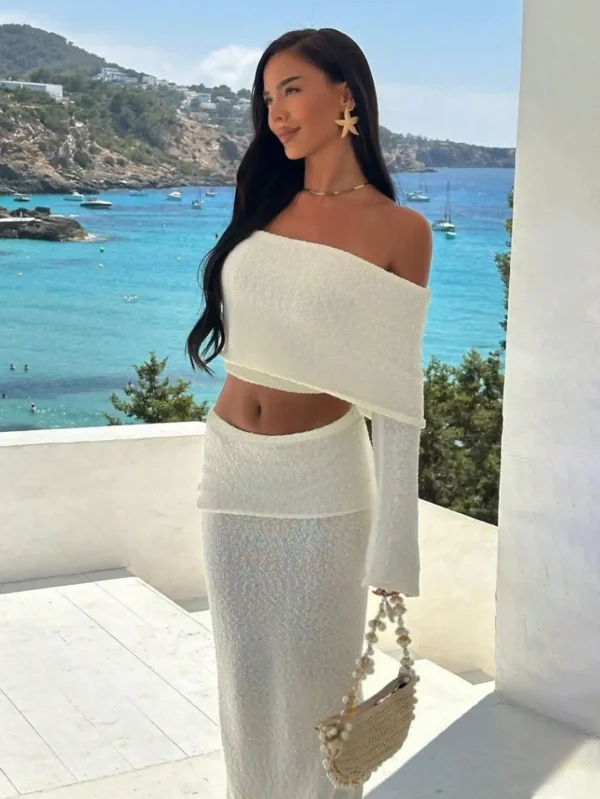 Women's Casual Winter 2-Piece Knitting Shorts Set Above Knee Skirts with off Shoulder Tops Solid Pattern for Autumn - Image 2