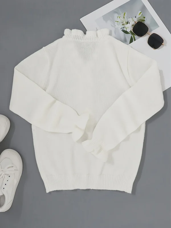 Women's Autumn/Winter Fashion Solid Color Elegant Comfortable Long Sleeve Ruffle Trim V-Neck Pullover Sweater - Image 2