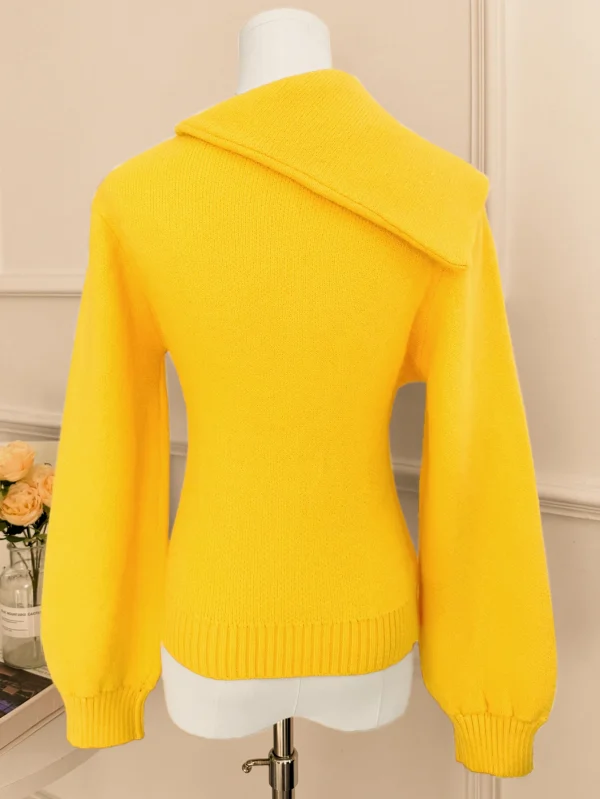Elegant Autumnwinter Women's Fashion Casual Slim Yellow Sweater with Asymmetric Waist Lapel Side Buckles Perfect for Commuting - Image 3
