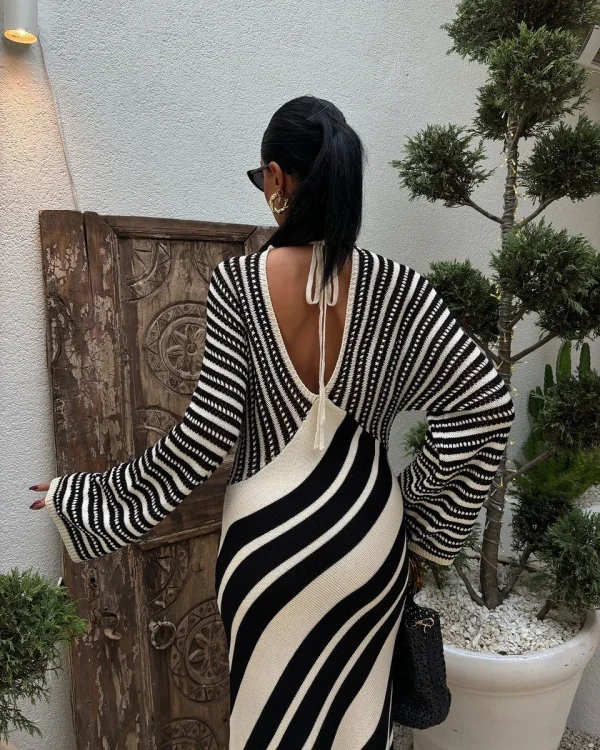 Women's Fashion Autumn/Winter Trendy Versatile Striped Color-Block Knit Long-Sleeve Casual Sweater Dress - Image 2