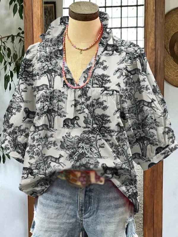 Vacation Plant Animal  Porcelain Pattern Fashion Women Casual Comfortable Short-sleeved V-neck Printed Shirt - Image 6
