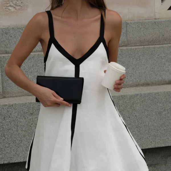 Spring-Summer Casual Dress Elegant Minimalist Halter Slip for Music Festivals, Carnival Beach Vacays VNeck Color-Block Design
