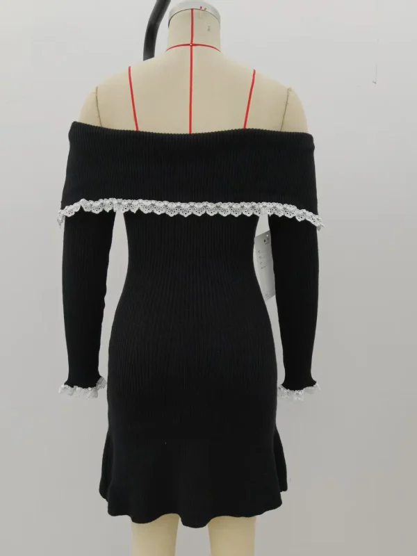 Women's Fashion Summer Trendy Sexy Chiffon Off-Shoulder Solid Color Knitted Lace Trim Long Sleeve Casual Knit Dress - Image 5