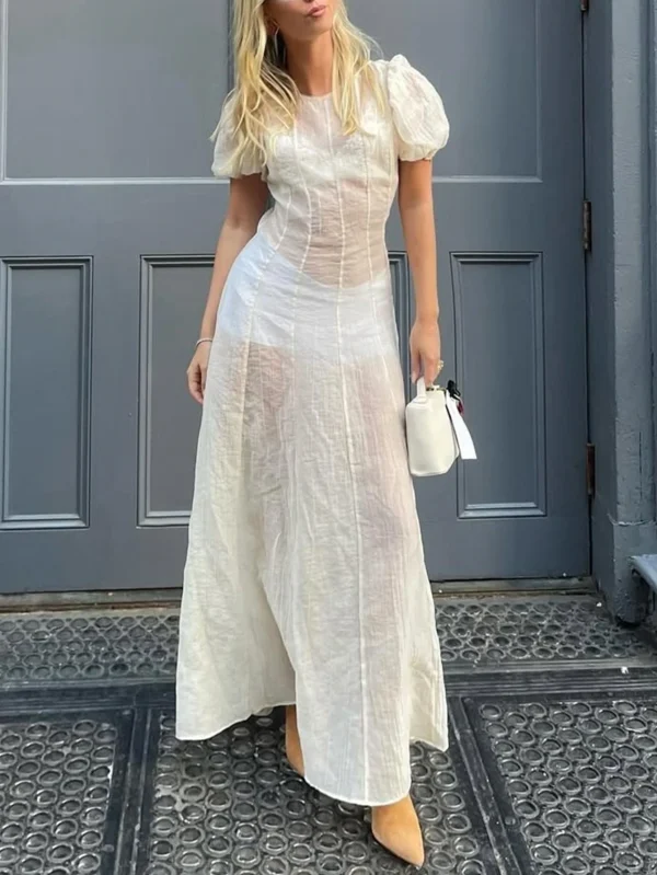 Women's Boho Sheer White Maxi Dress  Puff Sleeve Summer Holiday Outfit | Lightweight Beach Cover-Up for Vacation Resort Looks - Image 3