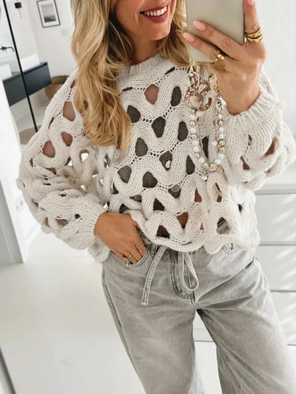 Women's Casual Sonic Knitted Sweater with Autumn Bell Sleeve Semi-Sheer Hollow-Out Design for Fall - Image 5