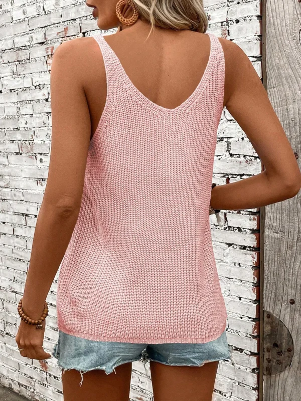 Women's Fashion Summer Solid Color Simple Knitted Vest, Holiday Wear Casual Plunge Neck Top, Women's Daily Wear - Image 2