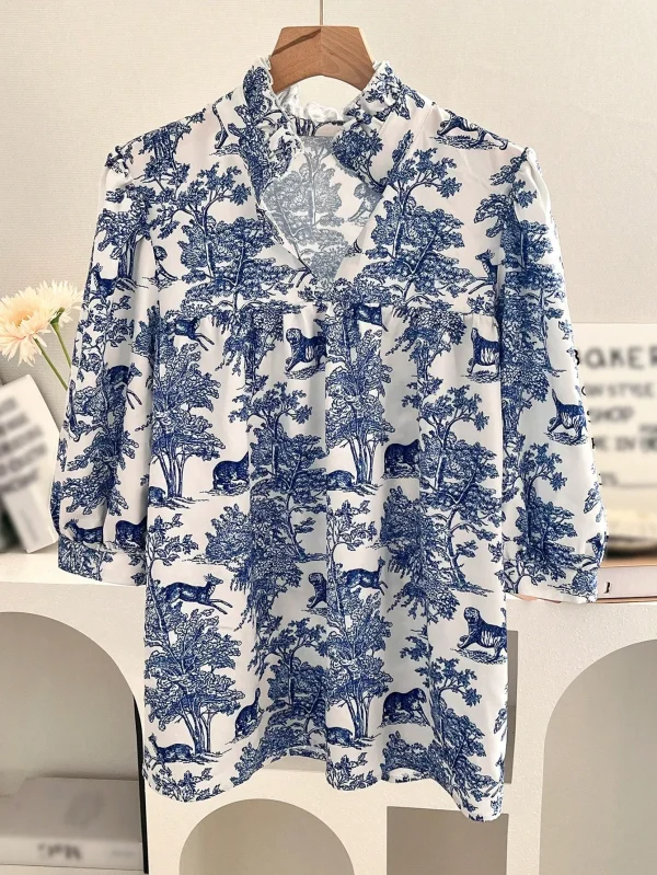 Vacation Plant Animal  Porcelain Pattern Fashion Women Casual Comfortable Short-sleeved V-neck Printed Shirt - Image 2
