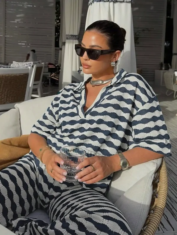 ARDOR S Women's Blue White Wave Stripe Sweater Set V-Neck Top + Slim Pants, Spring/Summer 2025 Casual Outfit - Image 2