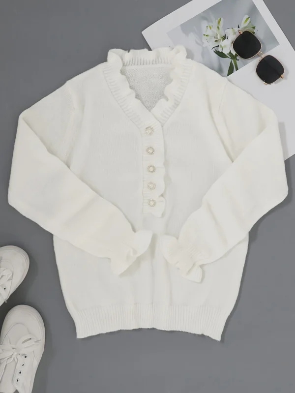 Women's Autumn/Winter Fashion Solid Color Elegant Comfortable Long Sleeve Ruffle Trim V-Neck Pullover Sweater - Image 3