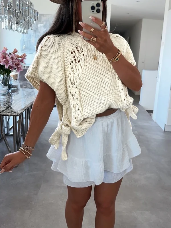 Women's Summer Chic Vintage Sweater O Neck  with New Hollow Tether Casual Woven Knit Tops with Decoration - Image 5