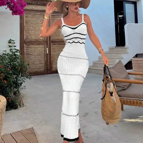 New Women's Bohemian Style Summer Slip Dress Color Clashing Hollow Knit Wrap Bodycon Natural Waist Floor-Length Plain