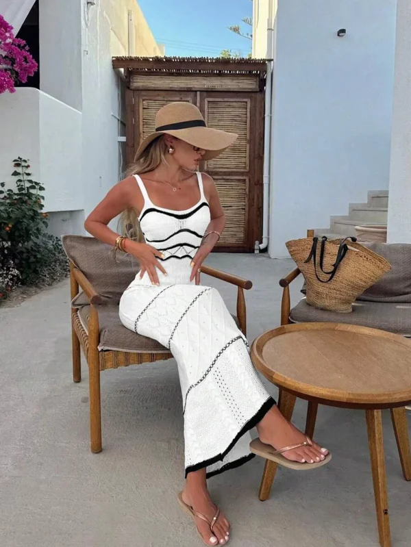 New Women's Summer Color Clashing Bohemian Slip Dress Hollow Out Knit Wrap Dress - Image 3