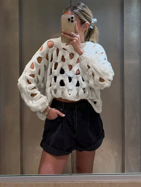 Women's Casual Sonic Knitted Sweater with Autumn Bell Sleeve Semi-Sheer Hollow-Out Design for Fall - Image 4