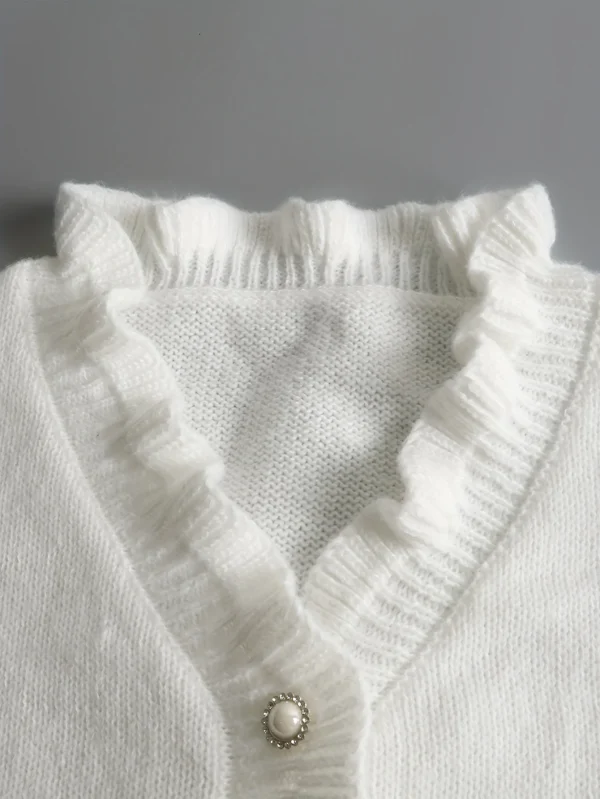 Women's Autumn/Winter Fashion Solid Color Elegant Comfortable Long Sleeve Ruffle Trim V-Neck Pullover Sweater - Image 4
