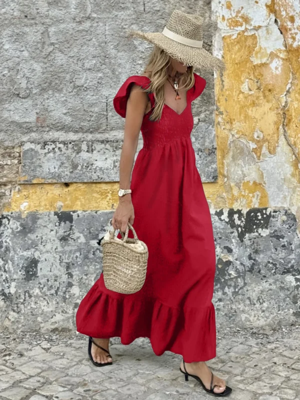 Women's Summer Holiday Dress - Red Casual Vacation Wrap Dress, Solid Color, Comfortable Strapless Plunge Neck Elegant Long Dress - Image 5