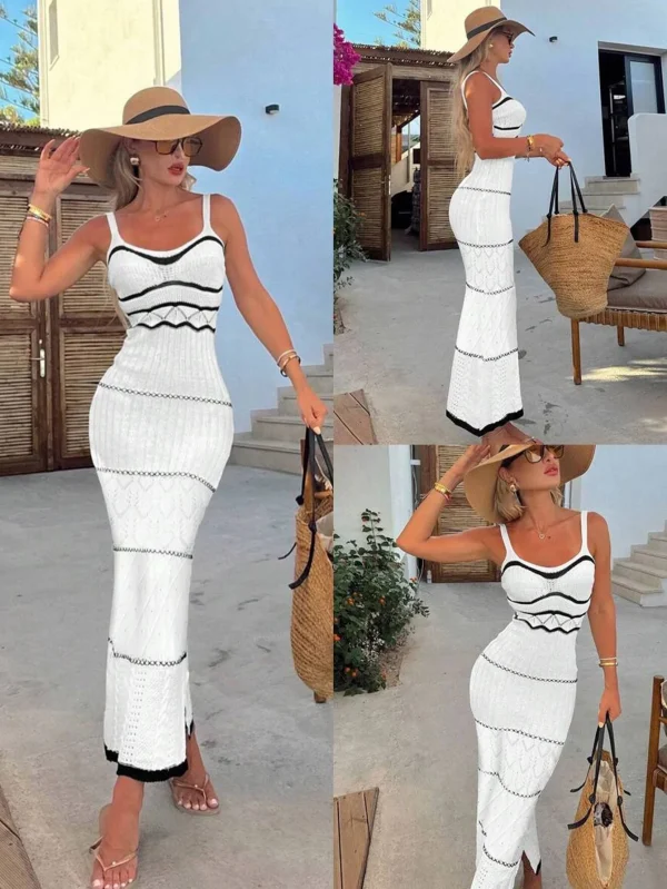 New Women's Summer Color Clashing Bohemian Slip Dress Hollow Out Knit Wrap Dress - Image 2