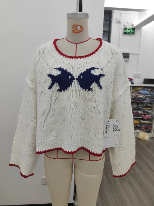 Sping Autumn and Winter Women's Fashion Casual Vacation Cute Simple Fish Pater Color Coision Design Long Sleeve  Sweater Women - Image 5