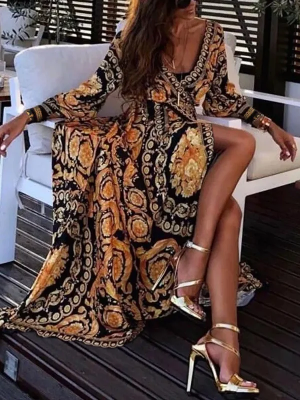 Women's Fashion Vacation Warp Dress V-neck Tie Printed Long Summer Dresses - Image 2