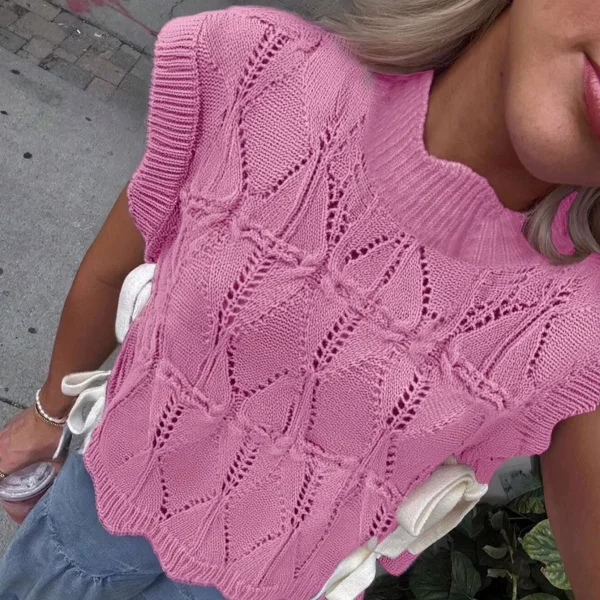 New Women's Knit Pullover Sleeveless Skeleton Irregular Tie Knit Vest Top