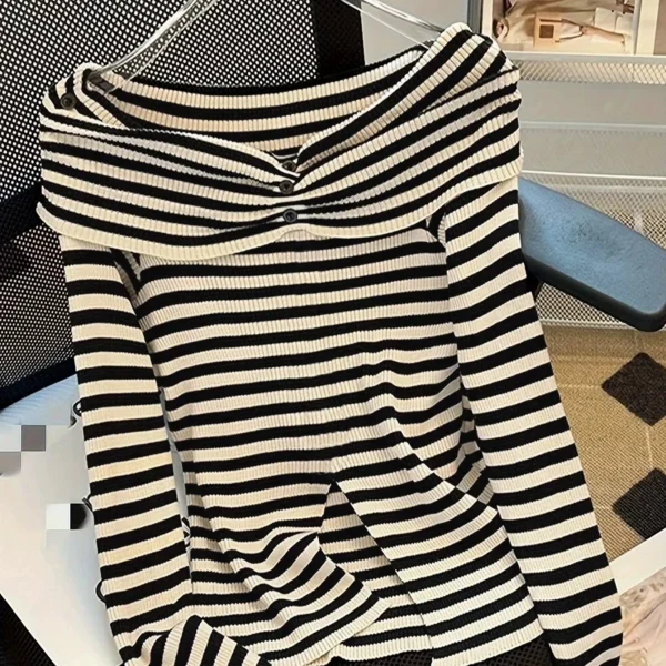 Women's Casual One-Shoulder Knitted Sweater Off-Shoulder Design, Autumn Pullover with Loose Fit Elegant Texture
