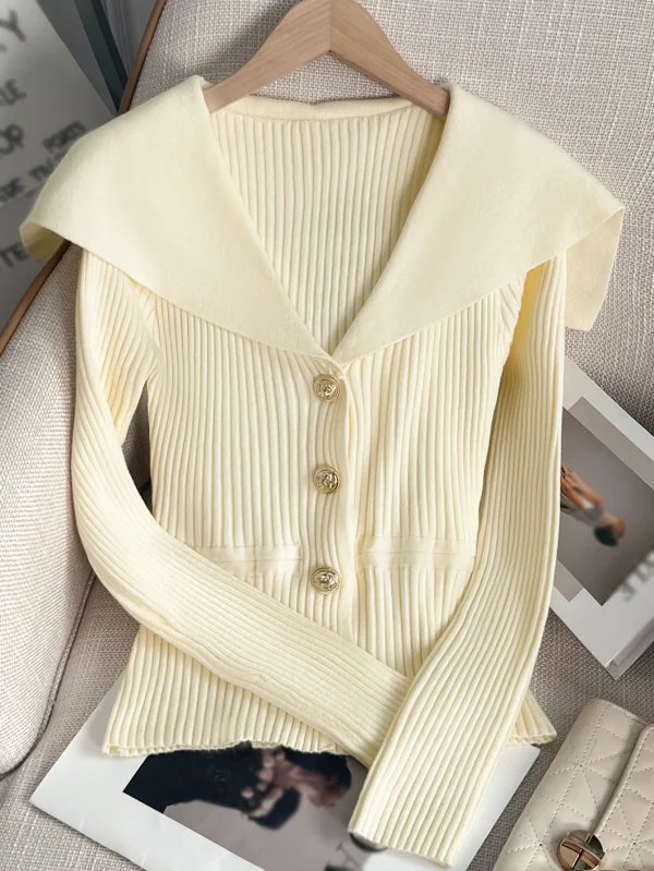 Elegant Women's White V-neck Slim Short Cardigan, Lapel Waist, Long-sleeve Knit Sweater for Fall/winter Commute - Image 5