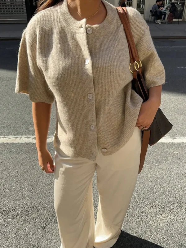 Spring and Autumn Women's Casual Vacation Fashion Hundred Solid Color Loose Round Neck Short Sleeve Button Cardigan Sweater - Image 4