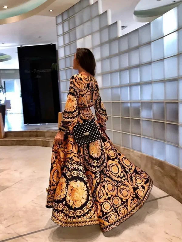 Women's Fashion Vacation Warp Dress V-neck Tie Printed Long Summer Dresses - Image 5