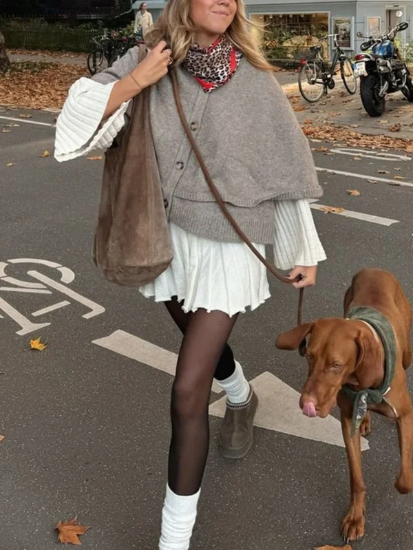 Luxury Women's Long Sleeve Crew Neck Knit Sweater Fashion-Designed Autumn Blank for Ladies WithOpen Mock Two-Layer Cape Cardigan - Image 4