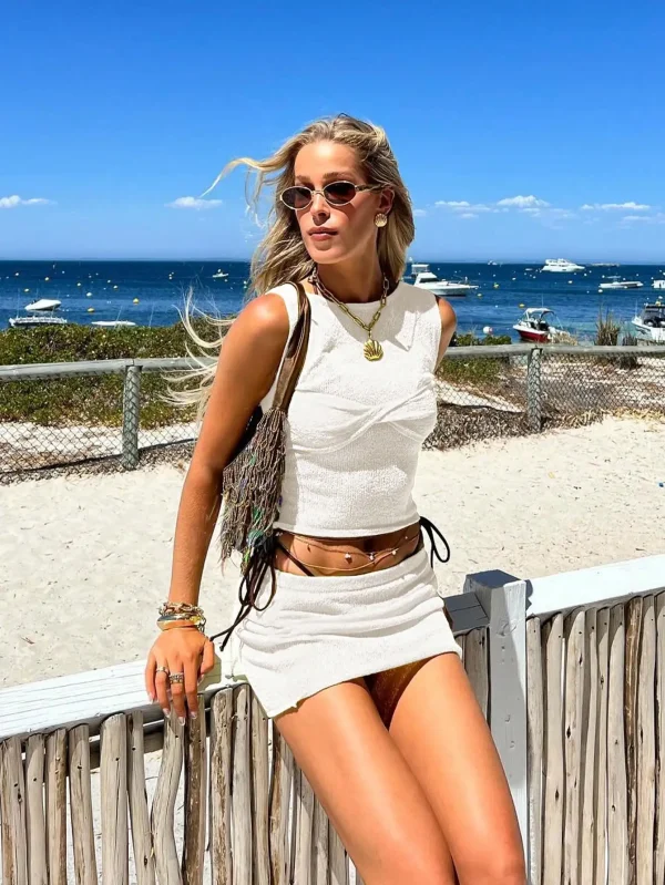 Hot Sale Ladies Two-Piece Shorts Set Mini Top Skirt Woven Casual Style Skinny Fit Solid Pattern Above Knee Length Summer Outfits - Image 3