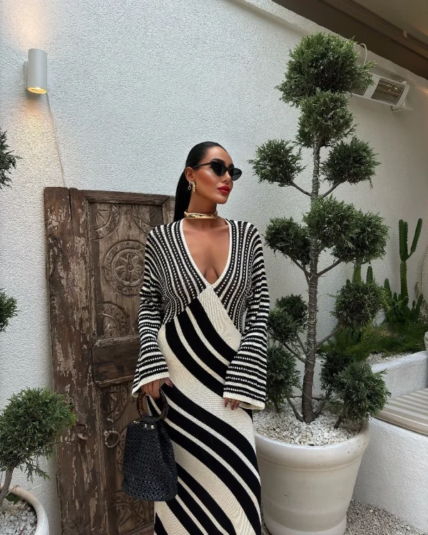 Women's Fashion Autumn/Winter Trendy Versatile Striped Color-Block Knit Long-Sleeve Casual Sweater Dress - Image 6