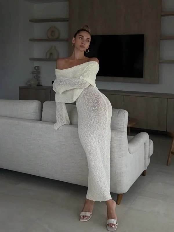 Vintage Summer Casual Beach Holiday Dresses Sexy Strapless Crocheted Floor-Length Breathable Woven Solid Pattern for Spring - Image 3