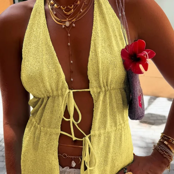 Women's Spring and Summer Y2K Casual Fashion Solid Color Halter Neck Design Suspender Sexy Translucent Hollow  Top