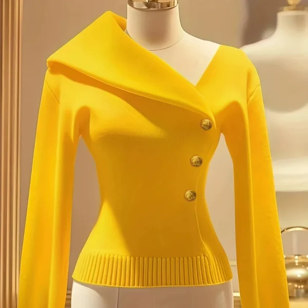 Elegant Autumnwinter Women's Fashion Casual Slim Yellow Sweater with Asymmetric Waist Lapel Side Buckles Perfect for Commuting