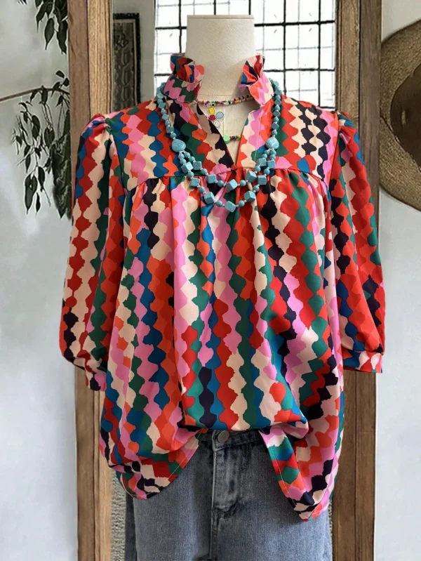 Women's Vintage-Inspired Woven V-Neck Ruffled Shirt Spring Summer Casual Loose Fit Nine-Point Contrast Color Polka Dot Retro - Image 2