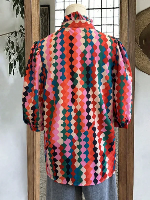 Women's Vintage-Inspired Woven V-Neck Ruffled Shirt Spring Summer Casual Loose Fit Nine-Point Contrast Color Polka Dot Retro - Image 3