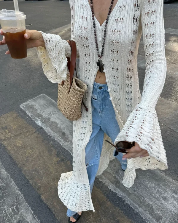 Anti-Pilling Anti-Wrinkle Women's Knit V Neck Long Cardigan Breathable and Print-Design for Autumn Season Girls' Sweater