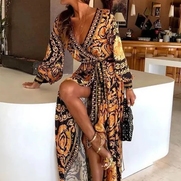 Women's Fashion Vacation Warp Dress V-neck Tie Printed Long Summer Dresses