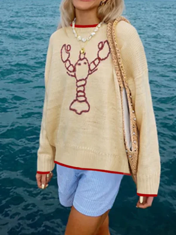 Summer Fashion Casual Vacation Beach Ladies Lobsterembroidery Color Clashing Design Long Sleeve Sweater Brunch Outfits for Women - Image 2