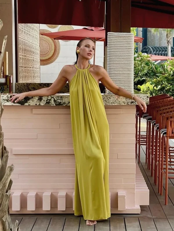 Chic Summer Dresses: Elegant, Romantic Long Maxis with Draped Necks Relaxed Fits in Solid Colors Perfect for Stylish Vacations - Image 5