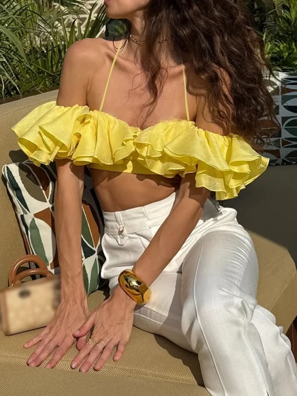 Women's Ruffle Off Shoulder Crop Top Flowy Puff Sleeve Summer Holiday Outfit Lightweight Party for Vacation Beach Resort Looks - Image 6