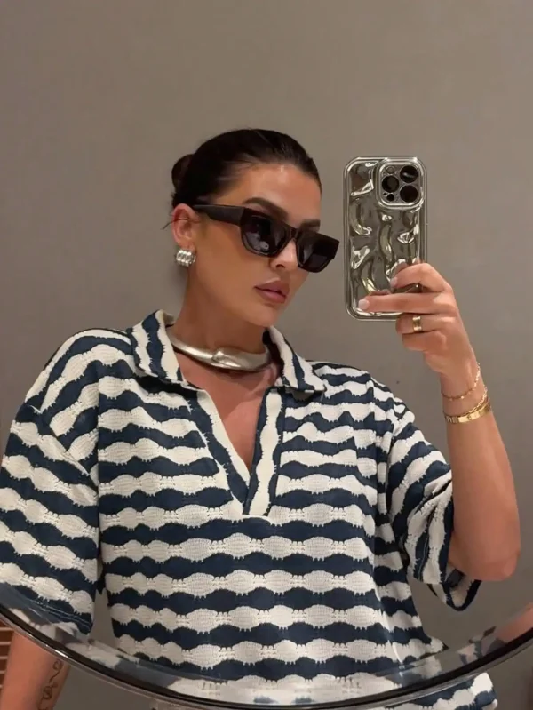Women's Blue White Wave Stripe Knit Sweater Set- V-Neck Top with Slim Pants, Casual Spring Summer Outfit 2025 - Image 3