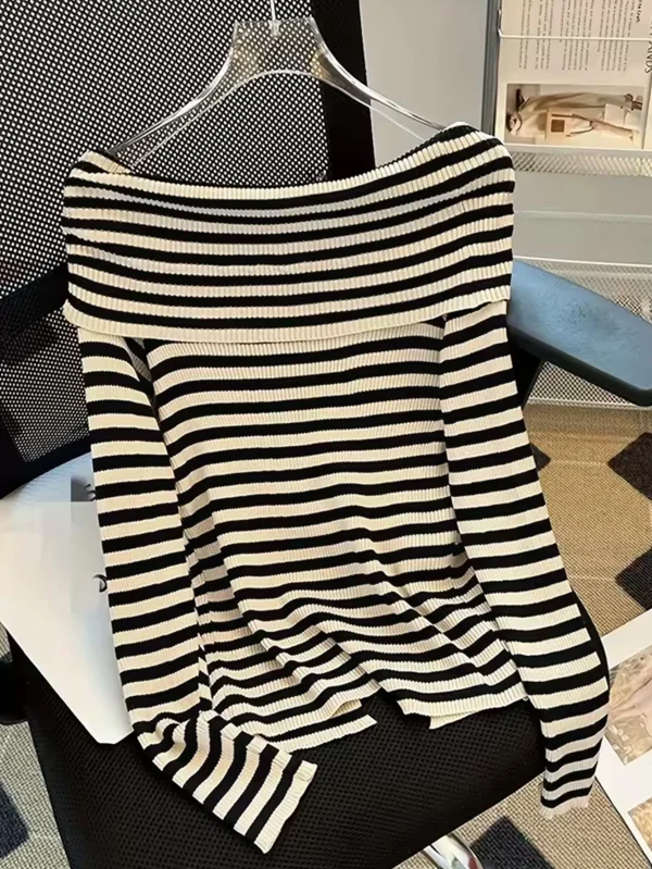 Women's Casual One-Shoulder Knitted Sweater Off-Shoulder Design, Autumn Pullover with Loose Fit Elegant Texture - Image 4